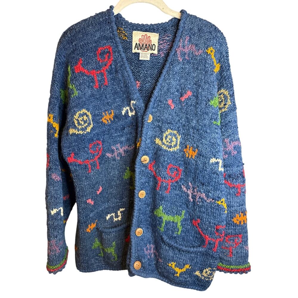Amano Blue Wool Sweater XL Art to Wear Animals Quirky Grandma Playful Novelty